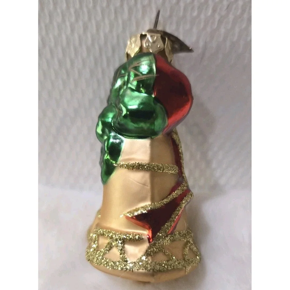 Vtg Pacconi Blown Glass Christmas Bell Ornament Red Bow Poinsettia Gold Glitter